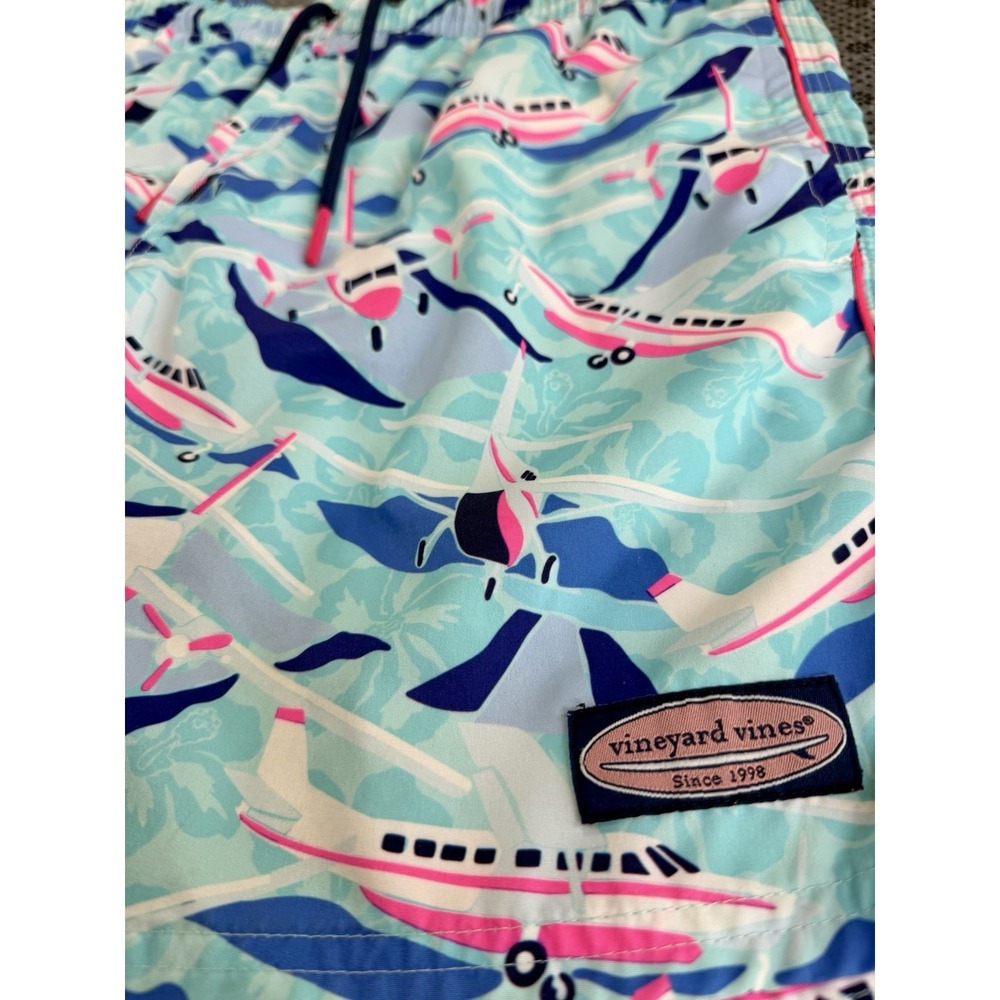 Vineyard Vines Swim Trunks Mens Small Blue Airplane Print Mesh Lined Drawstring - Picture 3 of 7